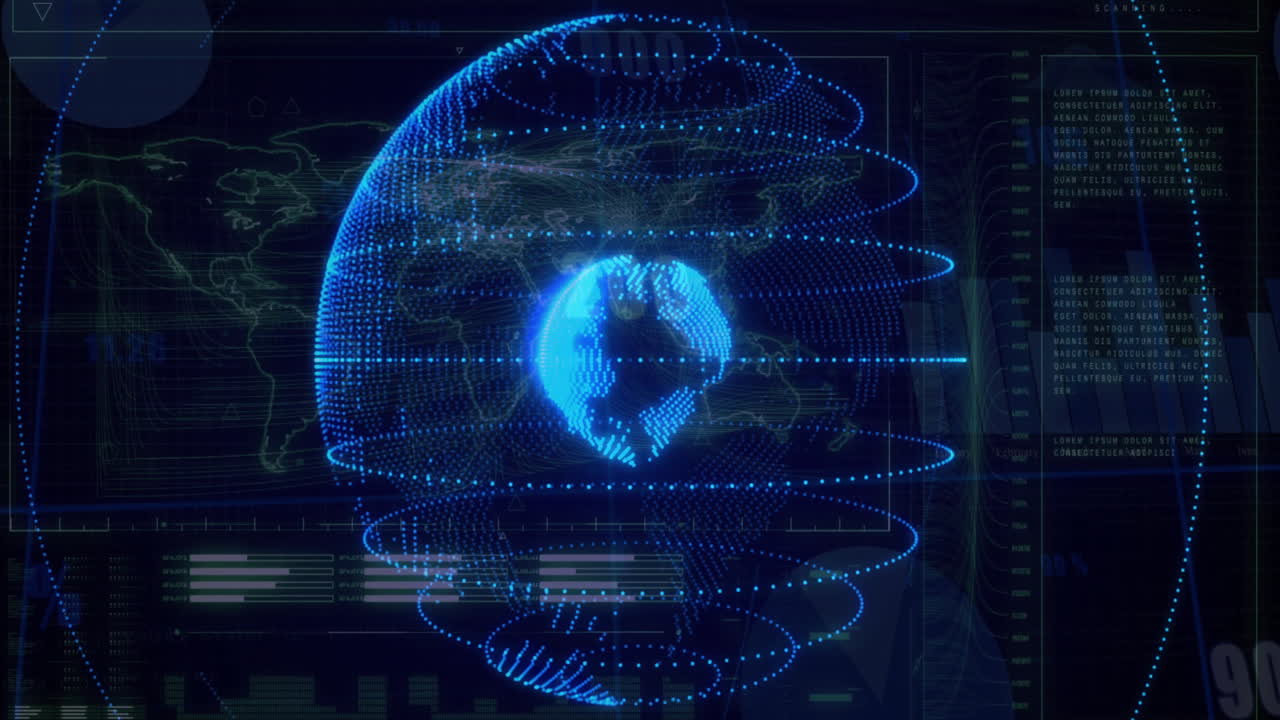 globo digital giratorio con puntos y líneas de datos, animación de red global