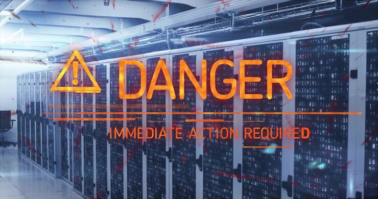 Warning icon fading in causing racks pulsing DPT16X glitching into DANGER IMMEDIATE ACTION REQUIRED