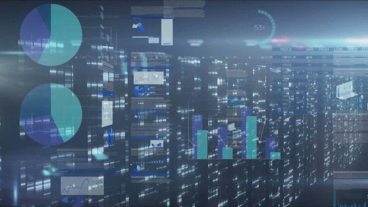 Animation of scope scanning and data processing over tech room with computer servers