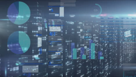 animation of scope scanning and data processing over tech room with computer servers