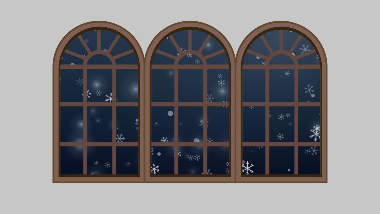 Fiocchi di neve stilizzati fluttuano oltre tre finestre ad arco contro un cielo notturno invernale blu scuro