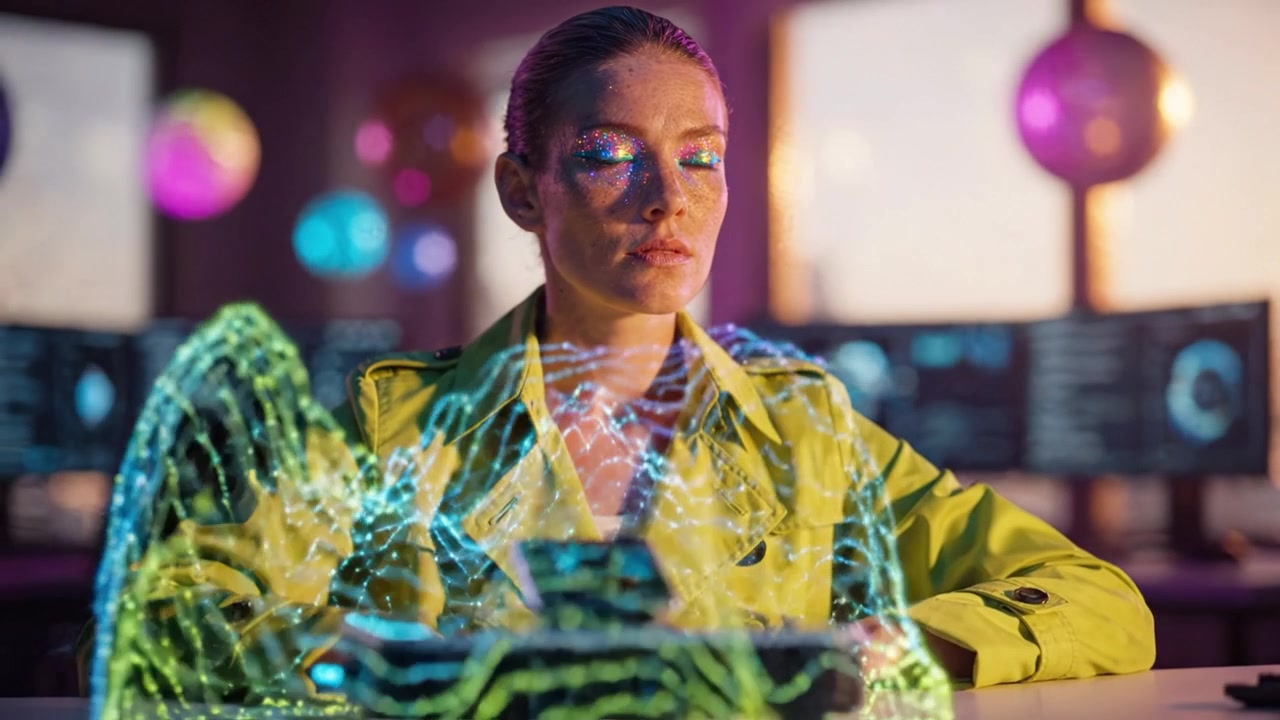 A futuristic woman in a vibrant yellow jacket visualizes holographic data in a high-tech environment, surrounded by colorful lights and screens displaying various information.