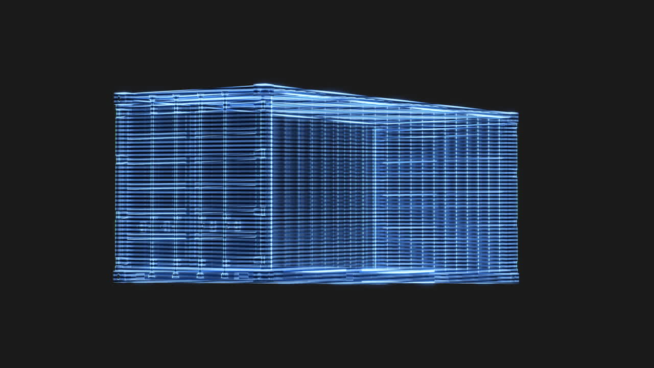 Loop animation of cargo container with holographic style, freight and export, 3d rendering.