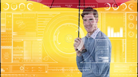 smiling man holding red umbrella with digital interface animation overlay