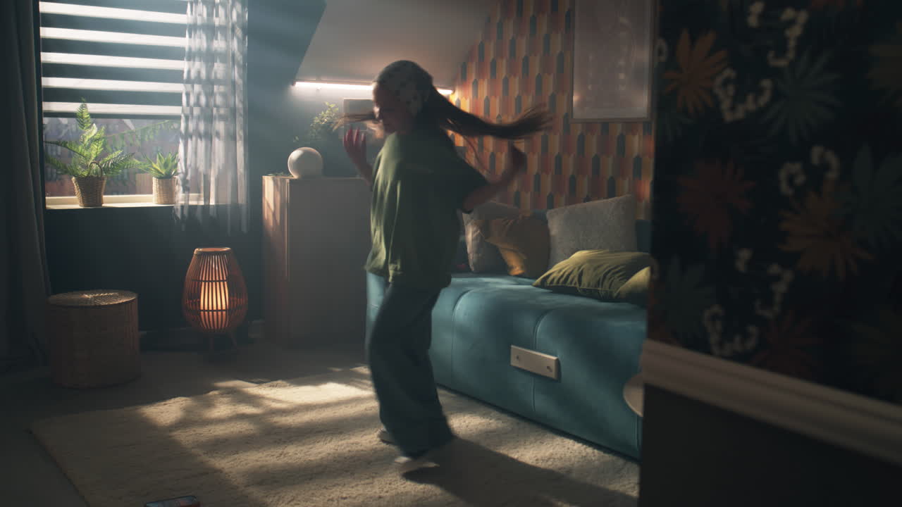 레트로 스타일의 거실에서 춤을 추는 소녀