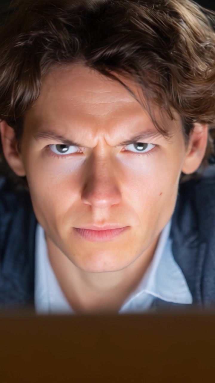 Concentrazione intensa: un ritratto ravvicinato che cattura l'espressione determinata di un giovane uomo immerso in pensieri profondi, con uno sguardo risoluto e forte emozione.