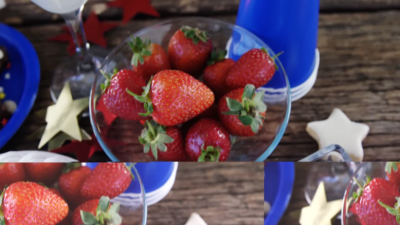 나무 테이블 에 배열 된 과일 케이크 와 여러 가지 달 ⁇  한 음식 들