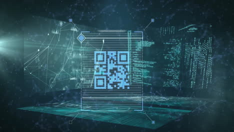 código qr y animación de procesamiento de datos digitales sobre el fondo de la red futurista