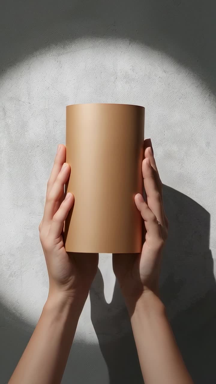 Vertical video: Entering frame, hands lifting cardboard cylinder to center in studio spotlight