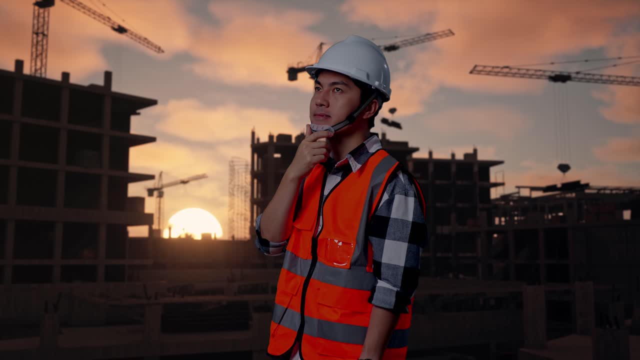 Side View Of Asian Male Engineer With Safety Helmet Thinking And Looking Around Then Raising His Index Finger While Standing At Building & Construction Site in Progress to New House