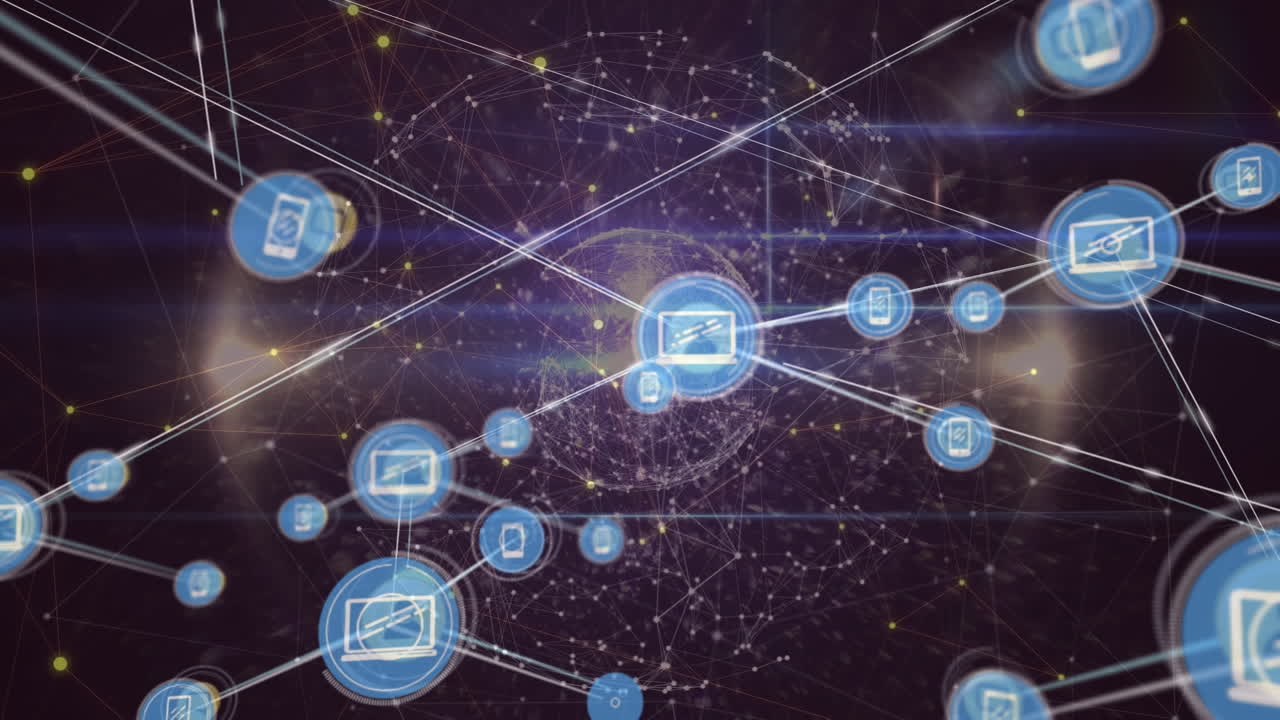 Animation of network of media icons transferring data over glowing globe