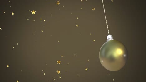 Animación-De-Adornos-Navideños-Dorados-Sobre-Estrellas-Cayendo-Sobre-Fondo-Marrón.