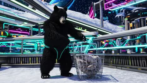 bear shopping in a futuristic snow city