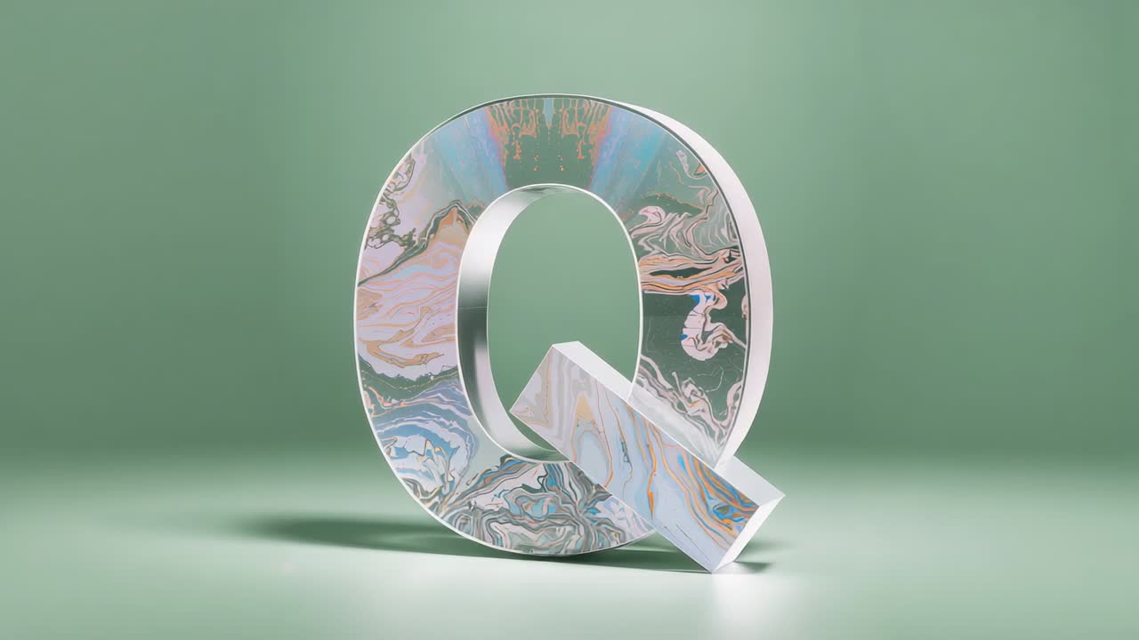 Starting large 3D letter Q spinning clockwise on mint green studio floor, showcasing marble front