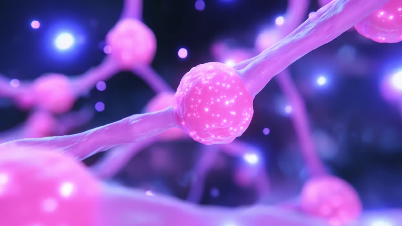 An Exploration into the Intricate World of Molecular Structures: Captivating Close-up of Glowing Pink Molecules and Filaments Set Against a Mesmerizing Background of Light and Color Dynamics