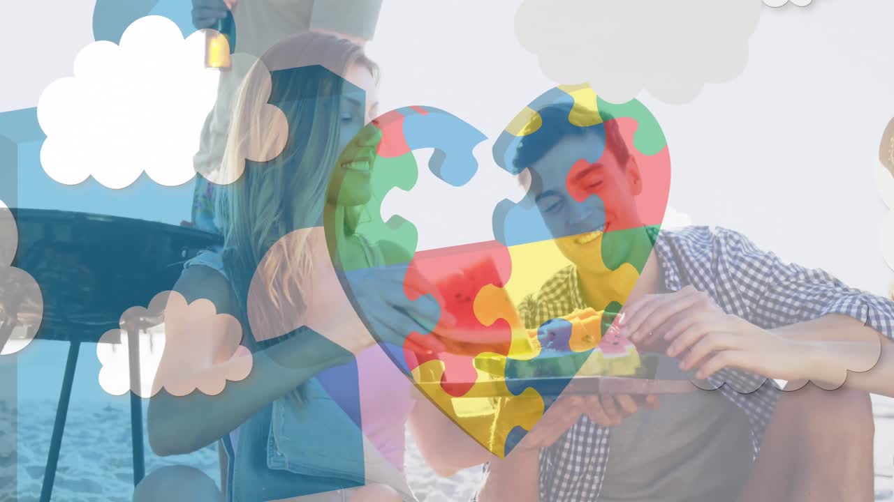 다채로운 퍼즐 조각의 애니메이션 하트 오버 여름 해변 파티에서 행복한 친구