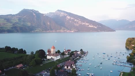 Schloss-Und-See-Spiez-Thunersee-Im-Berner-Oberland-Hochdrohnenflug