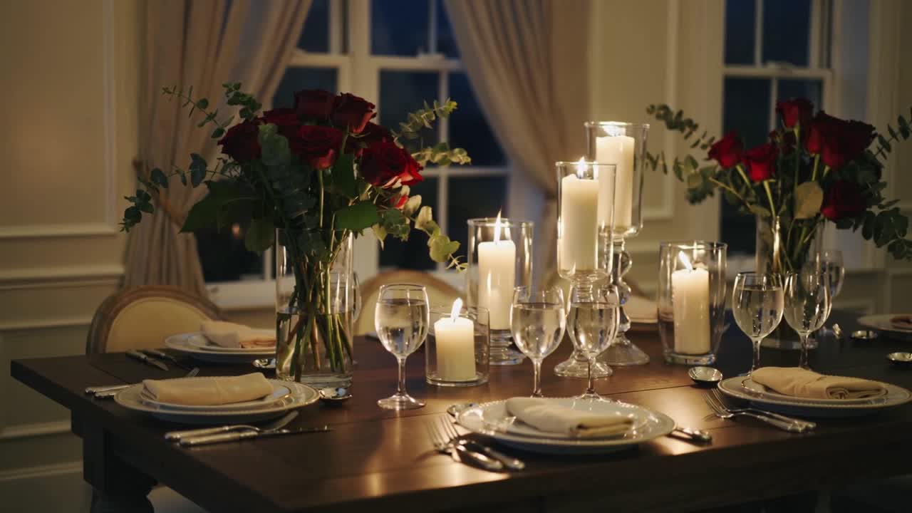 Flickering candlelight dancing across home dining table, with red rose bouquet adding warm glow
