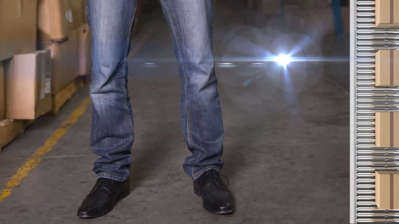 창고와 창고 노동자 위에 움직이는 빛의 애니메이션