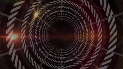 animación de círculos giratorios y procesamiento de datos sobre fondo negro.