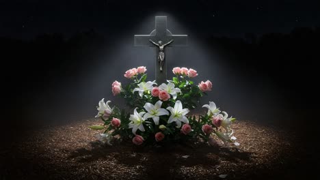 a serene tribute: a beautifully decorated grave site with flowers and a cross illuminated under a starlit sky, evoking reflection and remembrance