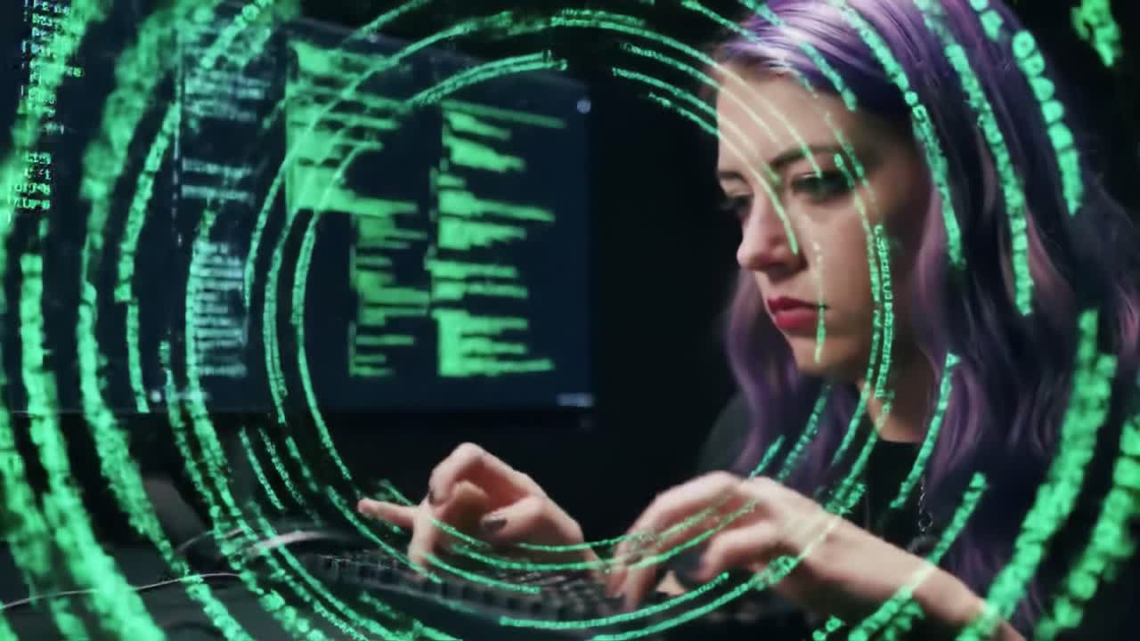 A focused female hacker immersed in digital code, skillfully typing on a keyboard as green data spirals around her, representing the world of cybersecurity and technology