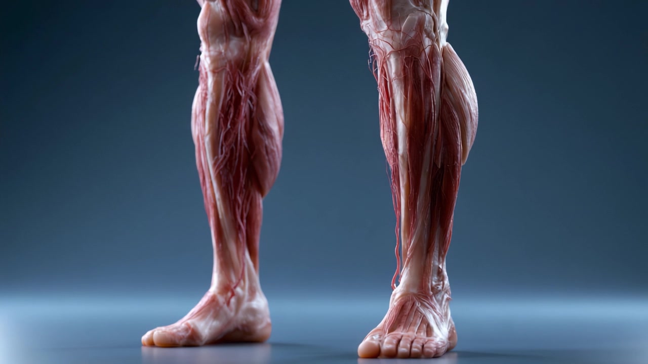 Visualizzazione anatomica dettagliata dei muscoli della gamba umana, che mostra la struttura complessa e la funzionalità dell'arto inferiore da più angolazioni.
