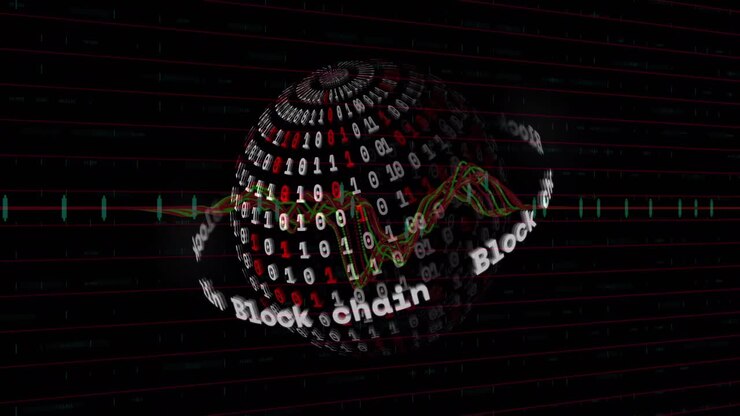 Animation of data processing over globe with binary coding on black background