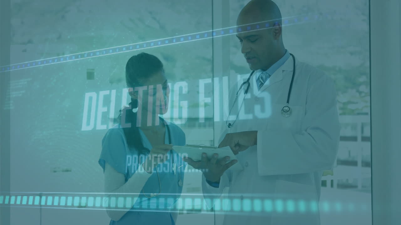 Discussing medical data, doctors using digital animation interface in hospital