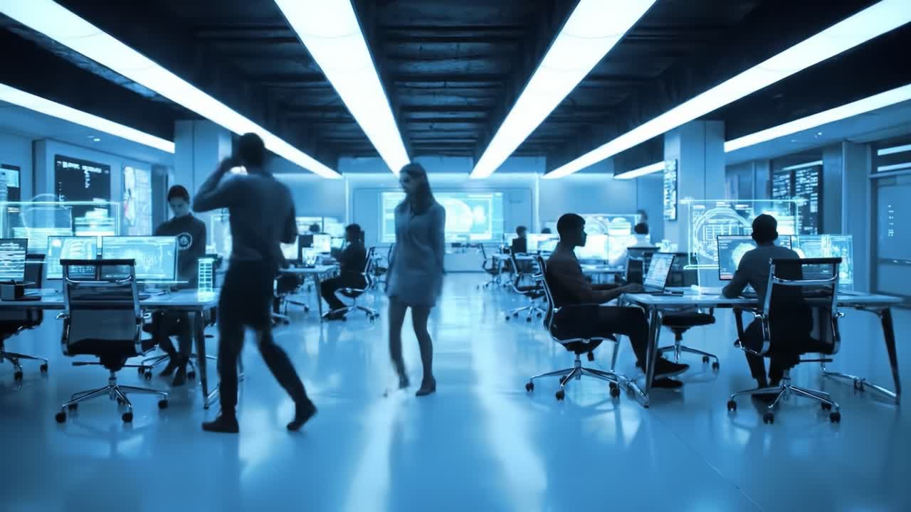Group of professionals collaborates in a futuristic control room, analyzing real-time data on multiple screens. The atmosphere is focused and dynamic, highlighting teamwork in a tech environment.