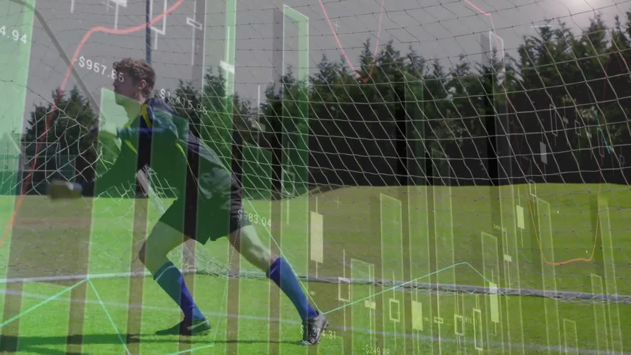 Animation of data processing and statistics over caucasian football goal keeper on pitch