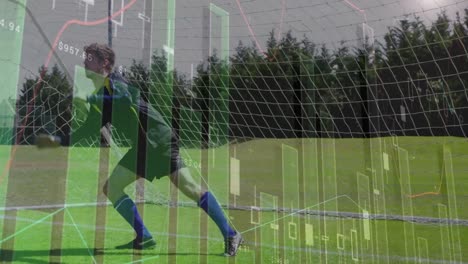 animation of data processing and statistics over caucasian football goal keeper on pitch