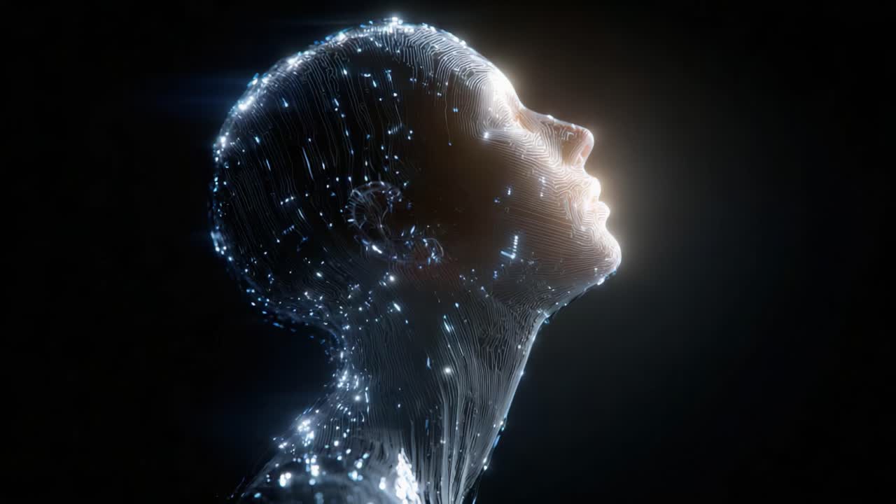 Un Risveglio Digitale: Una Trasformazione Luminosa di una Figura Umana in un'Entità Splendente, Ispirata a Circuiti, che Simboleggia la Fusione di Tecnologia e Umanità.