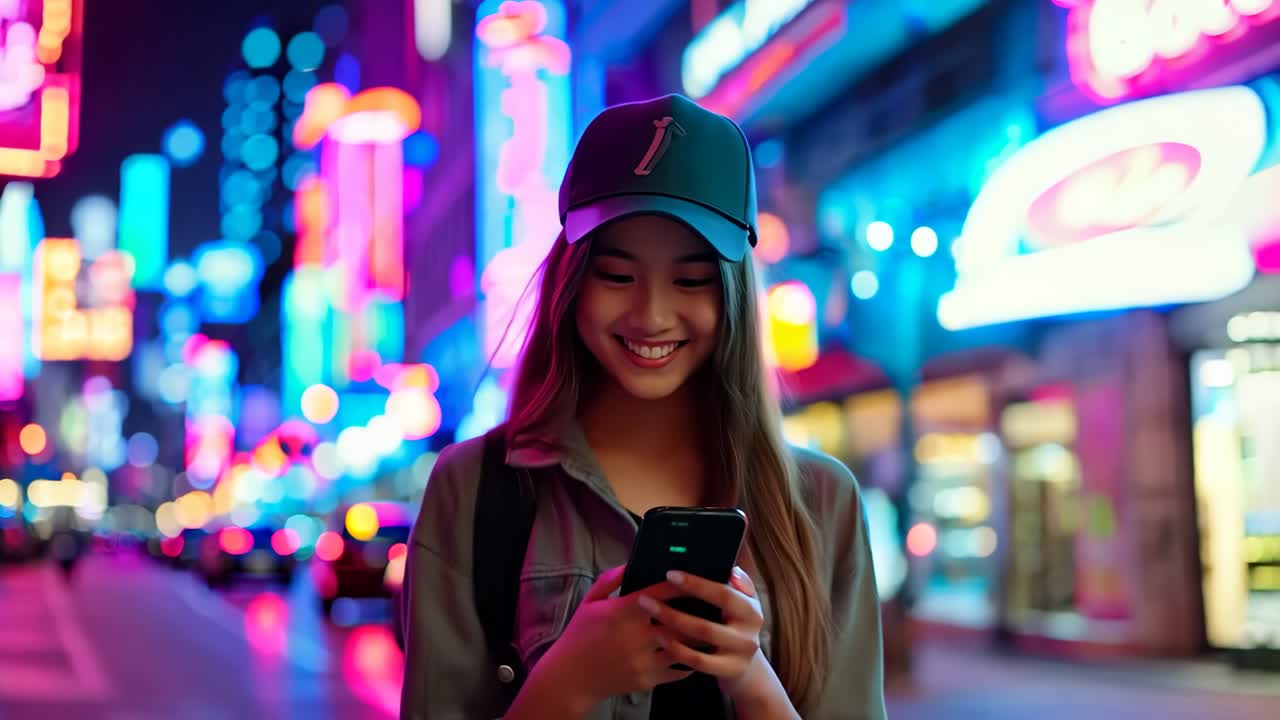 A woman in a baseball cap looking at her phone in the middle of a city at night