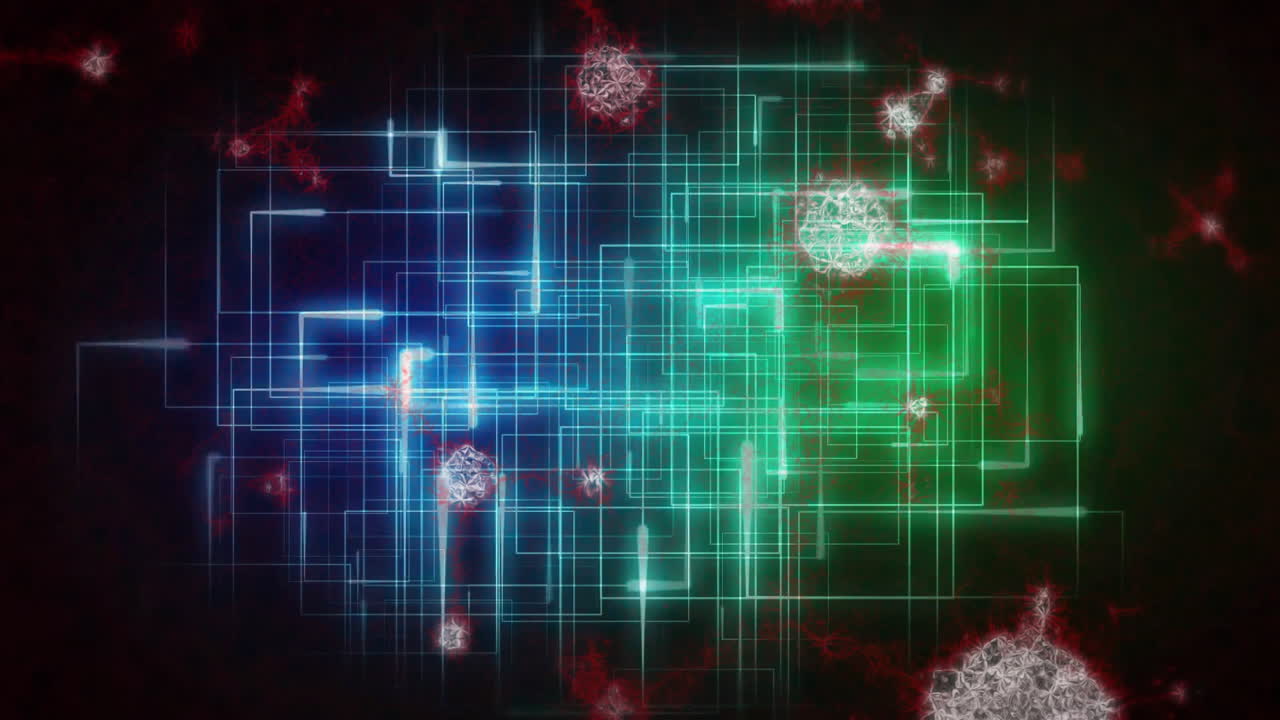 Animation of glowing blue and green grid with abstract red and white shapes
