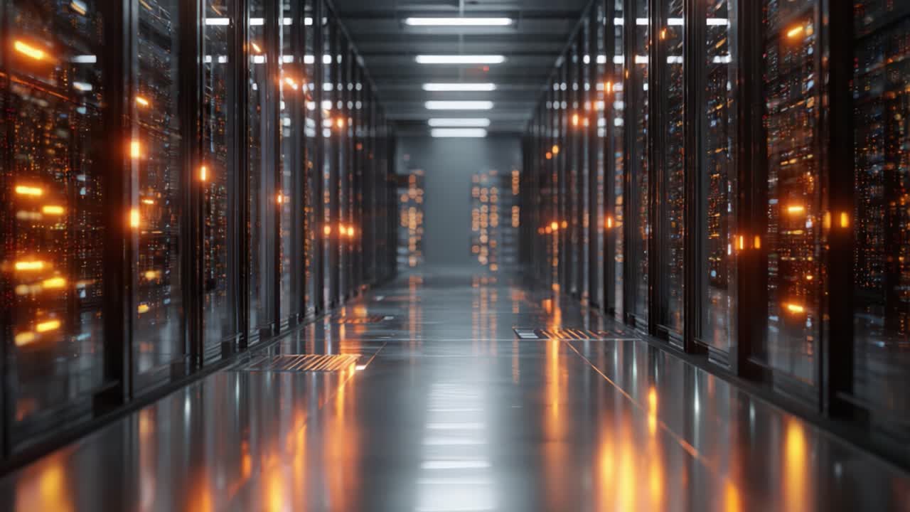 A Glimpse Inside a High-Tech Data Center: Illuminated Server Racks Lining a Sleek Corridor Representing Cutting-Edge Connectivity and Digital Infrastructure
