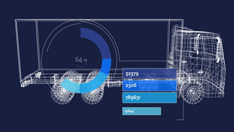 animación de procesamiento de datos sobre dibujo de camión 3d en fondo negro