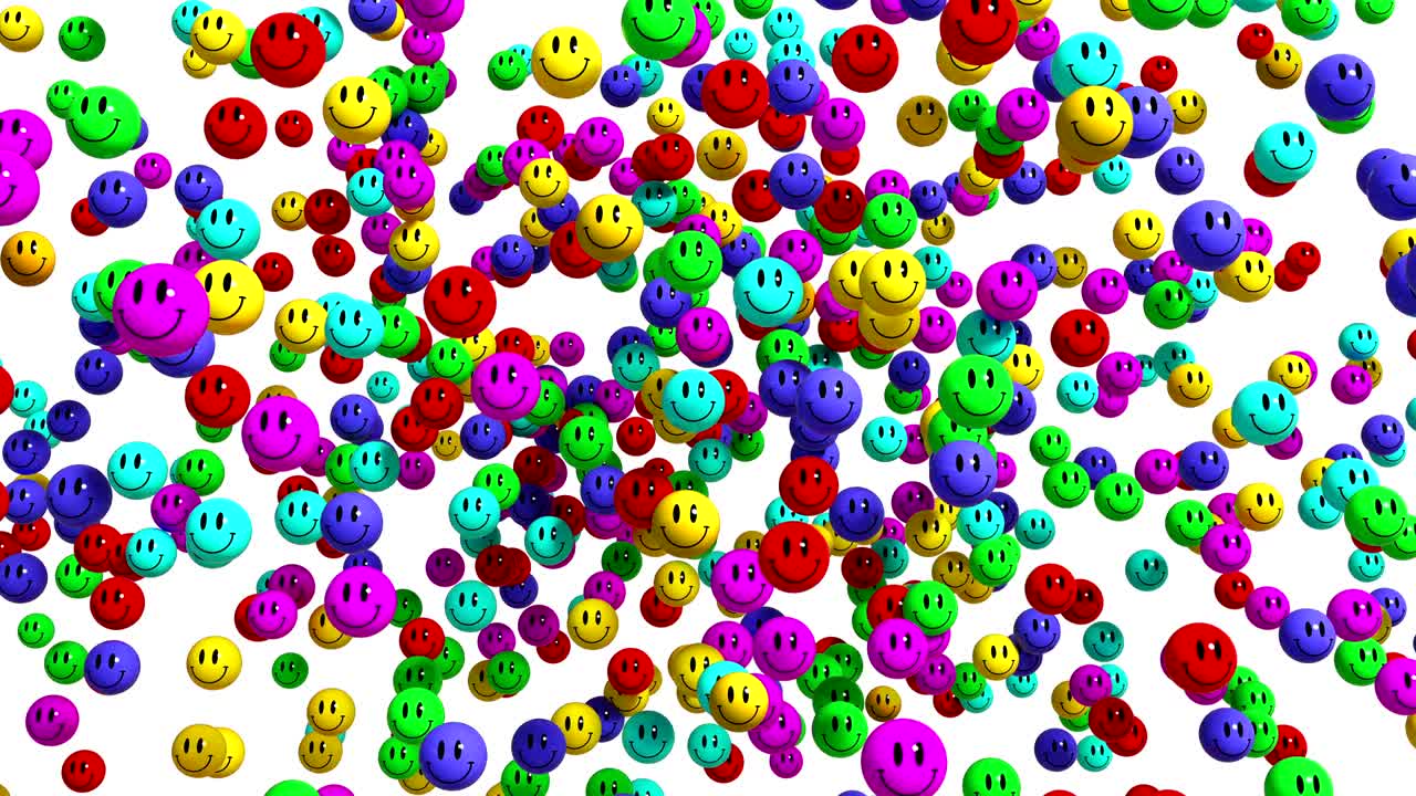 4K. Multicolored Smiley Face Icon Explosion. White Screen.