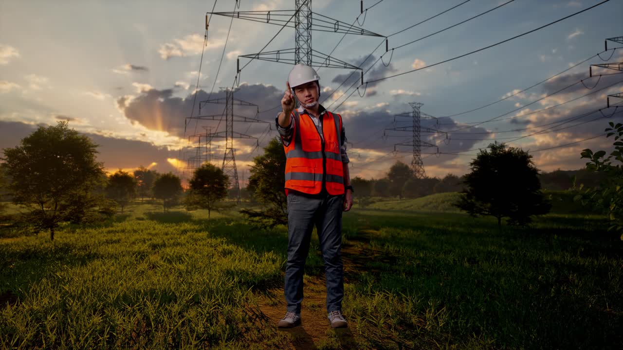 Engineer in Hard Hat and Safety Vest Pointing at Camera