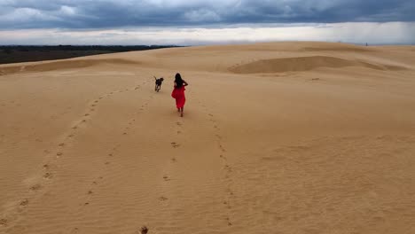 aerial sigue a la mujer hispana de pelo largo en vestido rojo en la duna de arena, perro