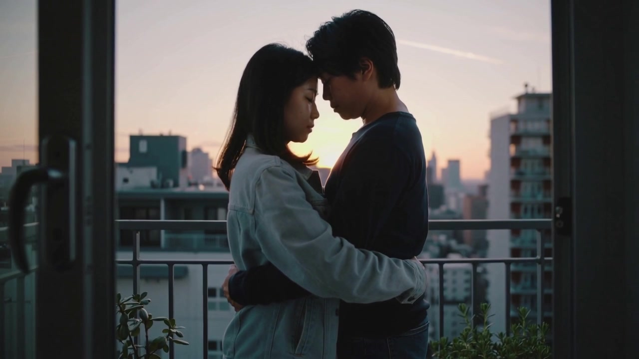 バルコニーで抱き合い寄り添うカップル。デニムジャケットとダークなトップスを着用し、夕日が彼らの額を照らしている。
