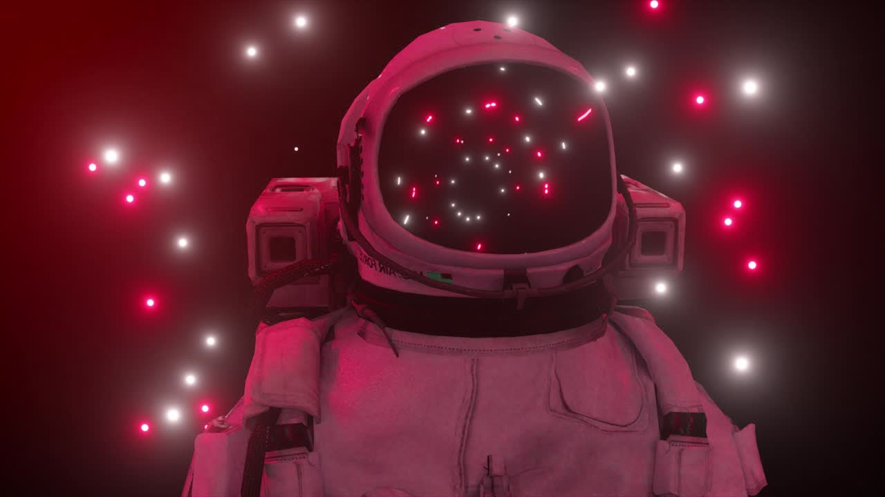astronauta rodeado de luces de neón intermitentes. concepto de música y club nocturno. animación 3d de un bucle sin costuras