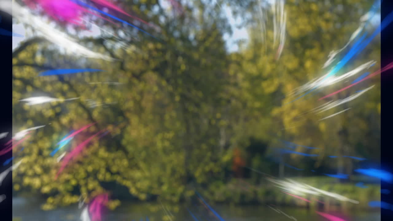 Magenta, blue, white light streaks radiating outward over park path, showcasing 3D render