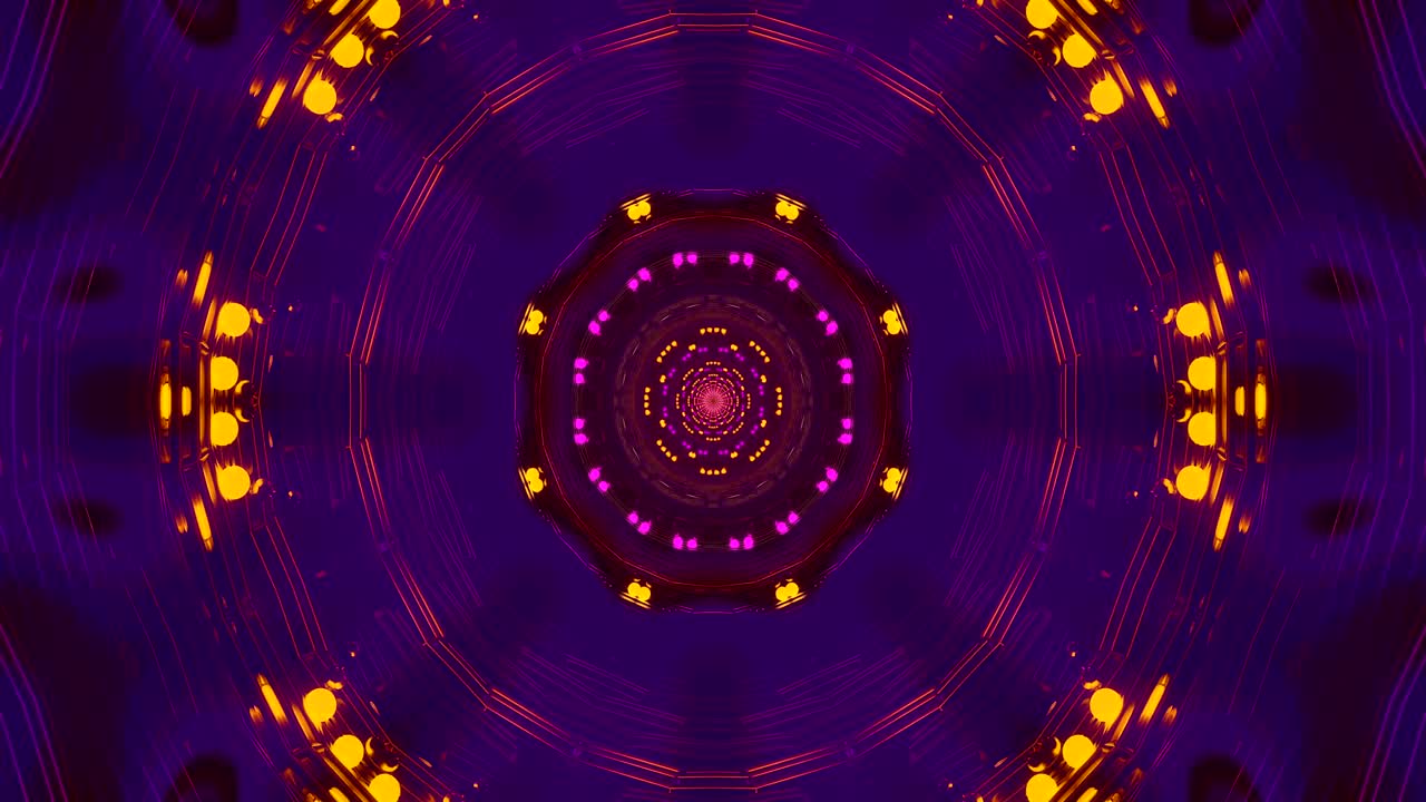 Un'animazione di un tunnel vivace scorre con luci e colori brillanti, creando un effetto visivo ipnotico. Il loop passa continuamente da una transizione all'altra, ideale per una configurazione salvaschermo dinamica.