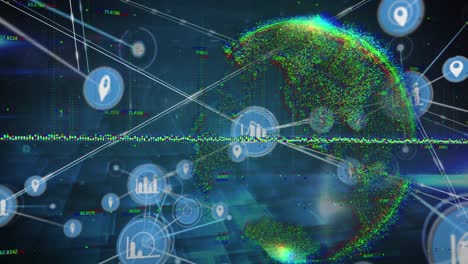 Animation-of-graph,-connected-icons-over-dots-forming-globe-against-abstract-background