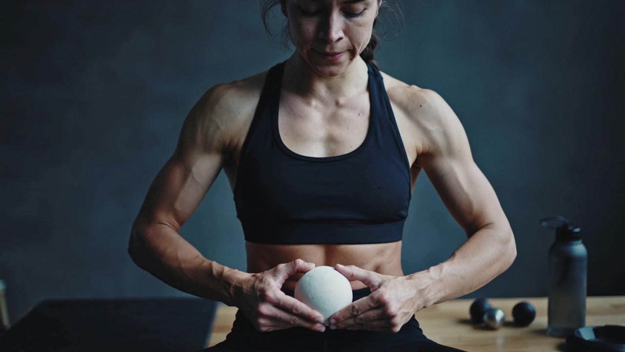Donna che respira, con reggiseno sportivo nero e pantaloni scuri, che stabilizza una palla bianca per gli esercizi del core su una panca da palestra.
