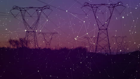 Sunset-sky-with-power-lines-and-data-processing-animation-in-background