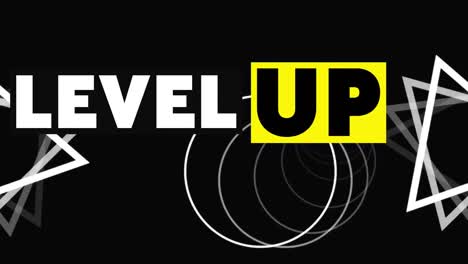 animation of level up text in black and white over download triangles and circles on black