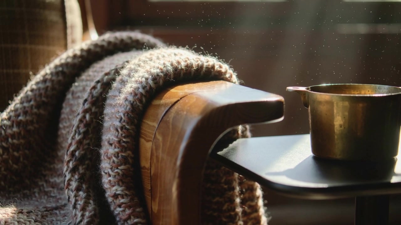 Camera shifting chunky throw draping wooden arm catching sun and showing dust, metal cup on tray