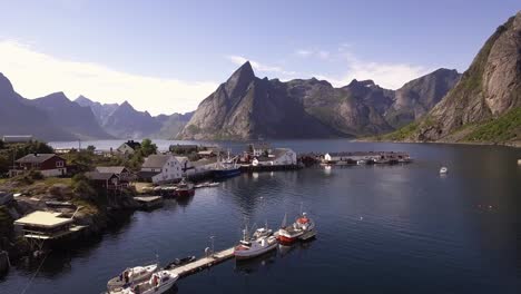 Aerial-of-a-small-harbor-in-Hamnoy,-Norway